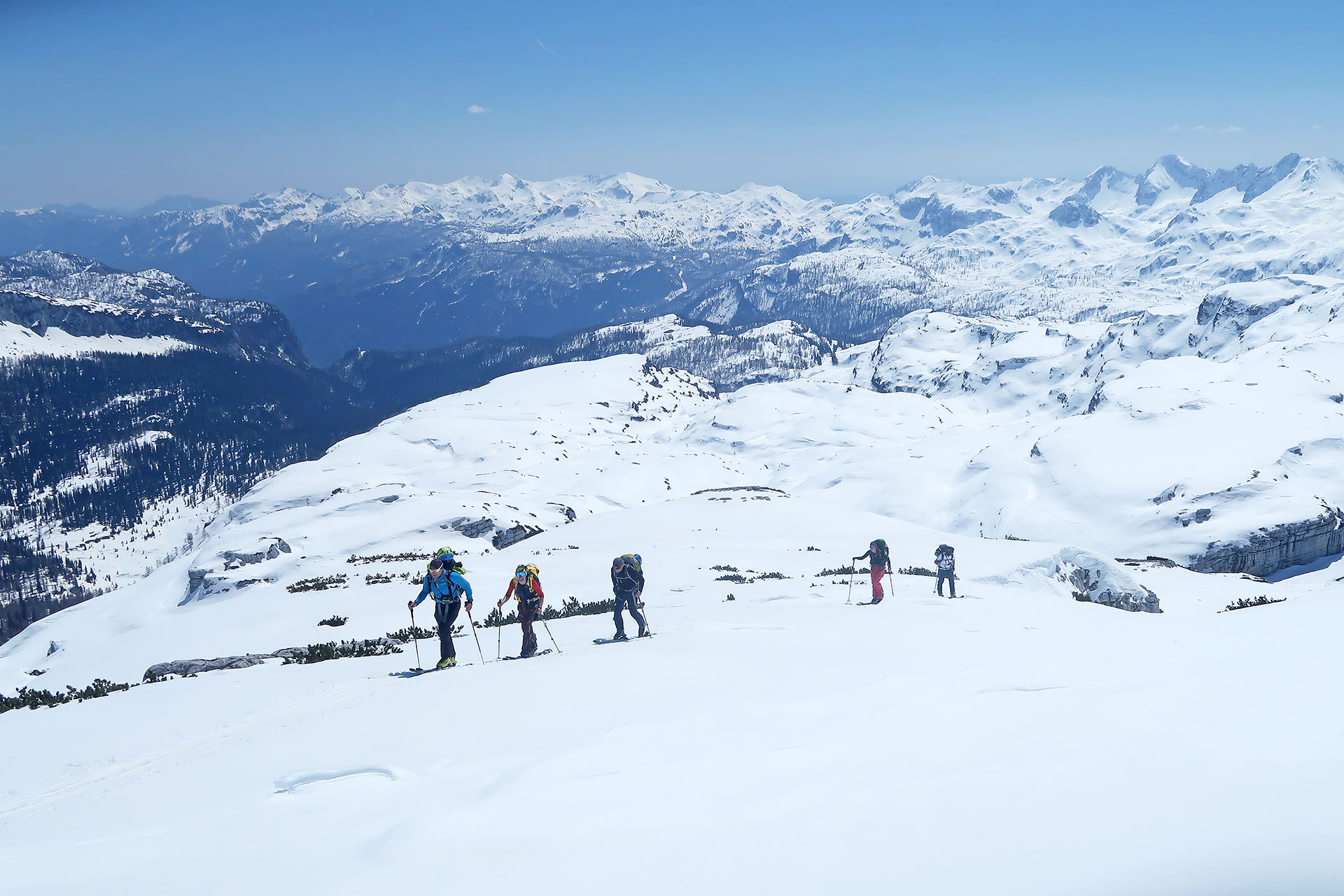 Ski touring traverse in Julian Alps in Slovenia