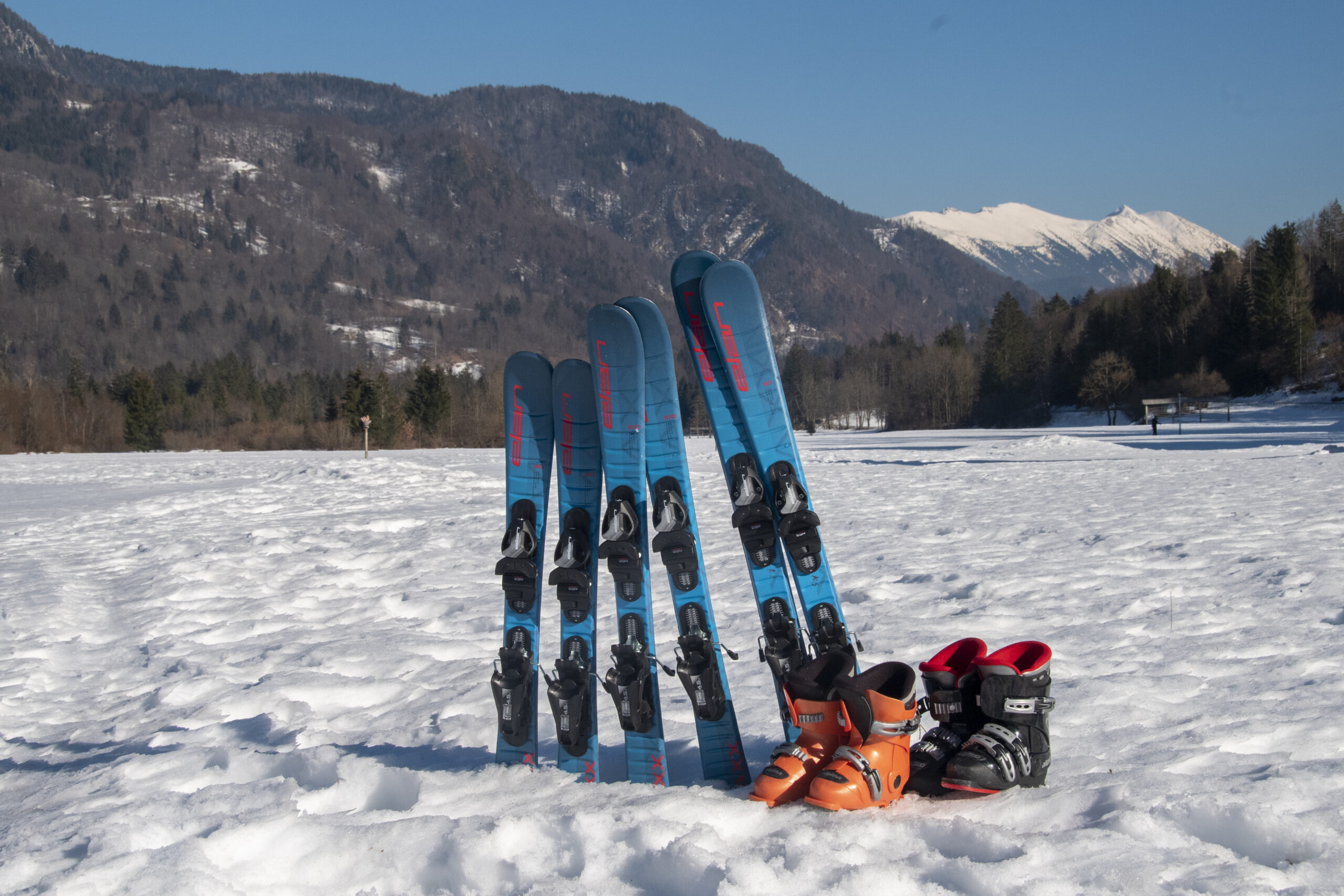 Children's equipment for alpine skiing for rental.