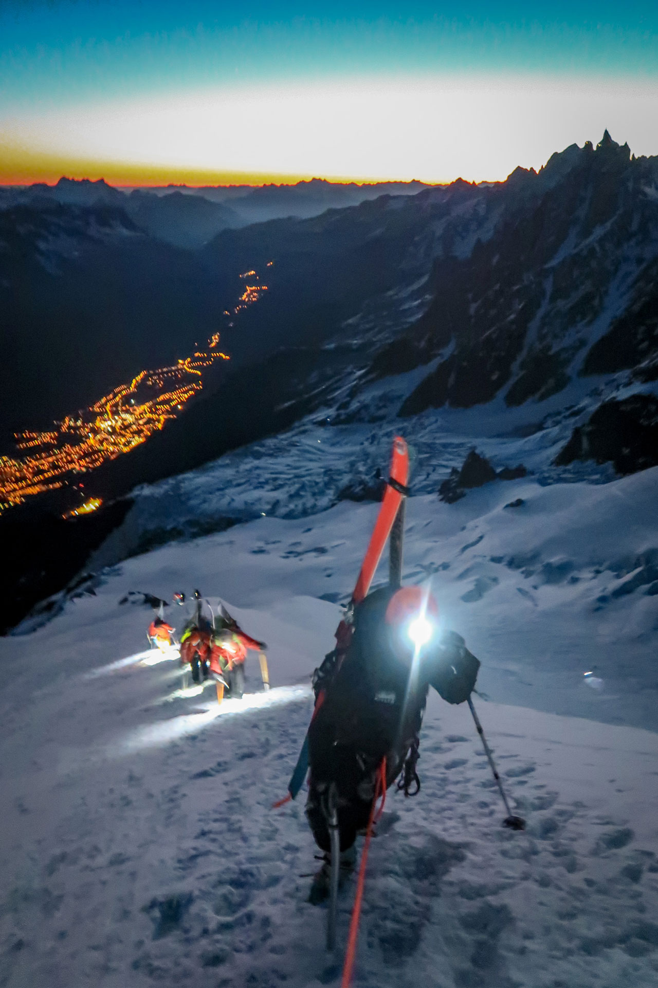 Morning ski tour ascent of Mont Blanc with a guide.